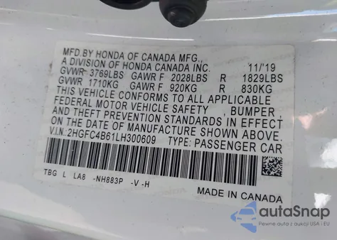 2020 Honda Civic Lx из США, поврежденный, VIN 2HGFC4B61LH300609